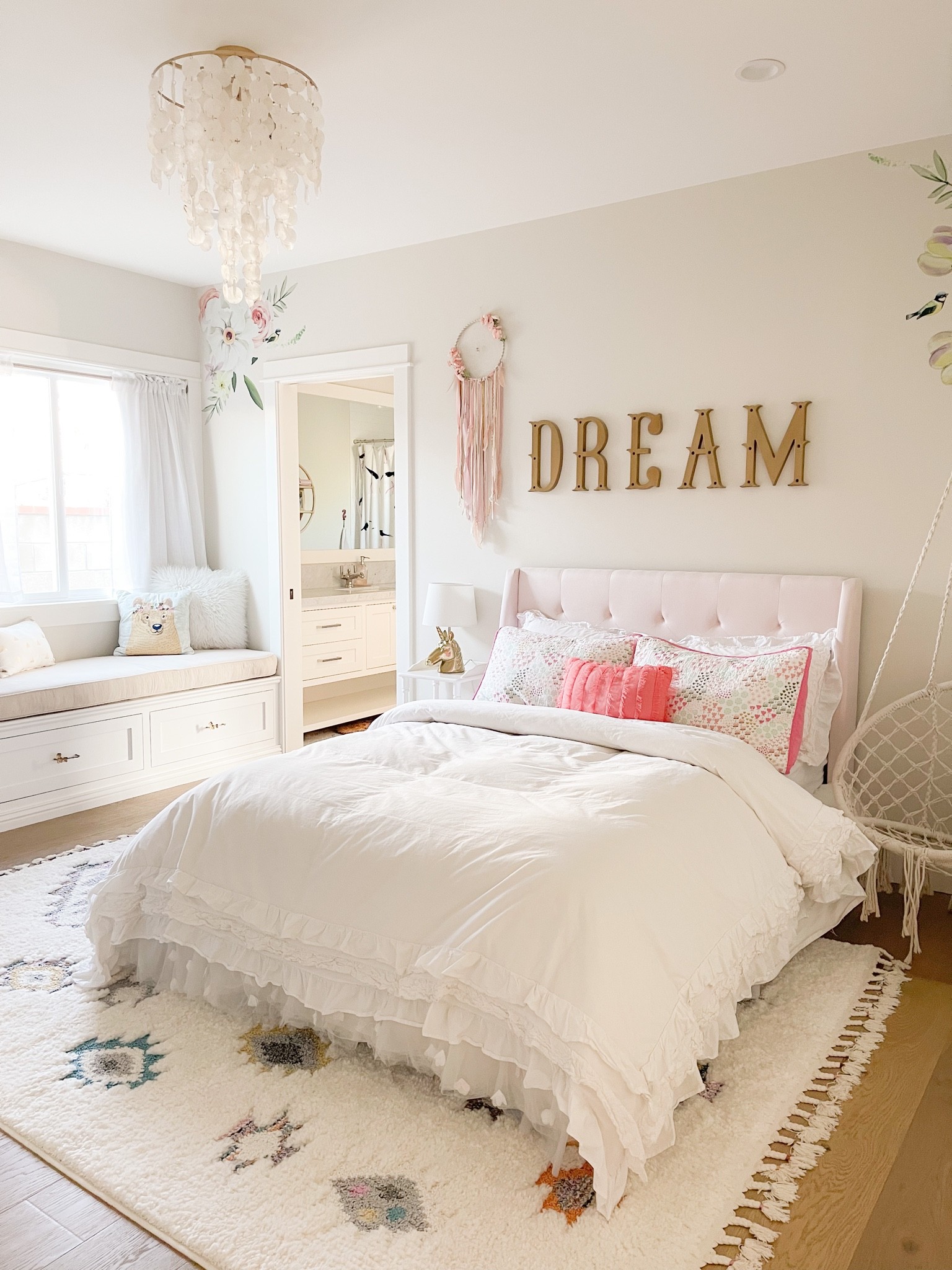 Boho Little Girls Bedroom
Woodland Girls Bedroom
Pink Bed 
Girls Room Area Rug
Indoor Swing Chair 
Capiz Chandelier 

#LTKhome
