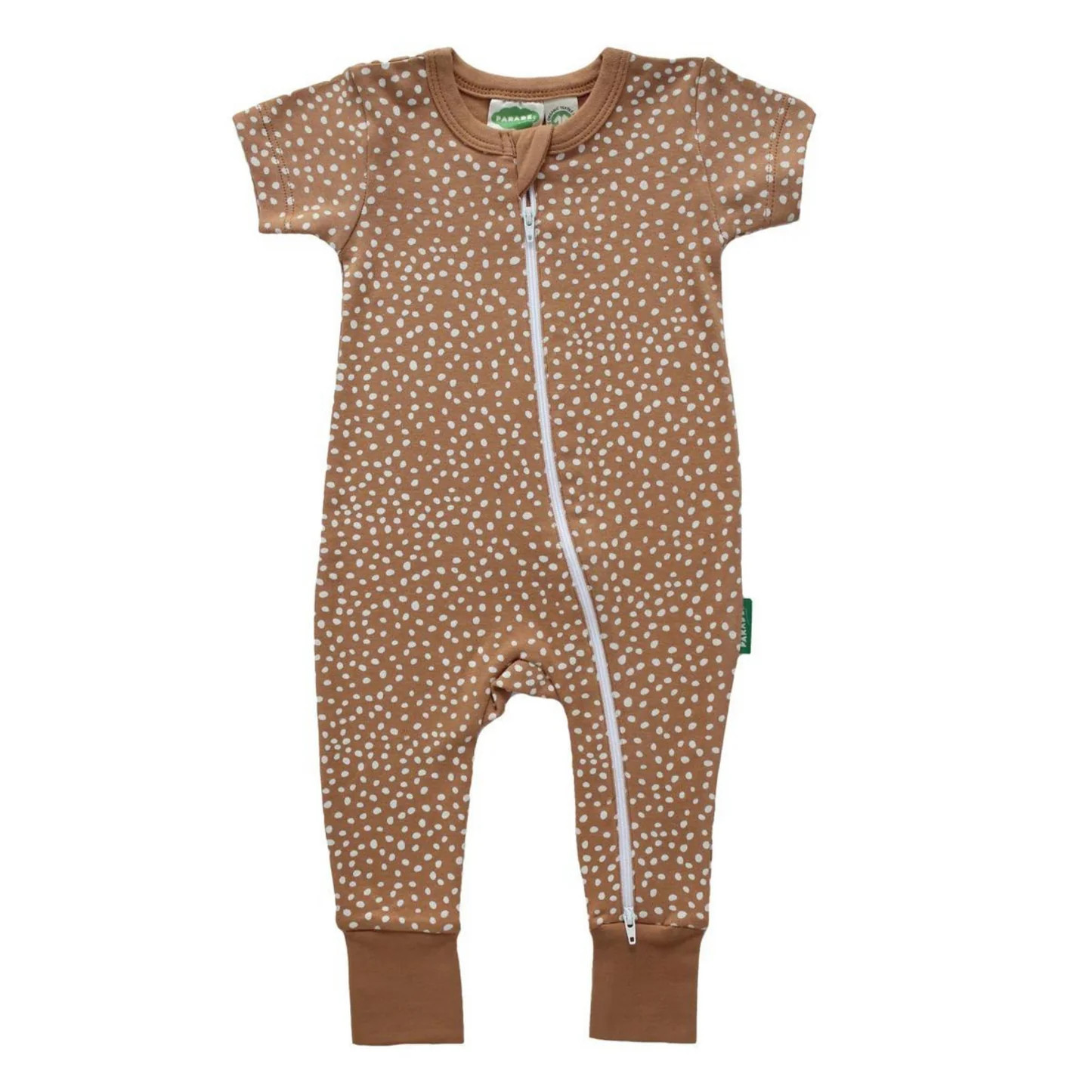 Organic Short Sleeve Zip Romper, Caramel White Pebble | SpearmintLOVE