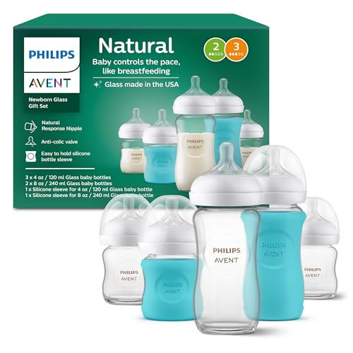 Philips Avent Natural Newborn Glass Gift Set, Baby Bottles with Natural Response Nipples, 3X 4oz (Slow Flow, Flow 2) and 2X 8oz (Medium Flow, Flow 3), 2X Silicone Sleeves, SCD858/01 | Amazon (US)