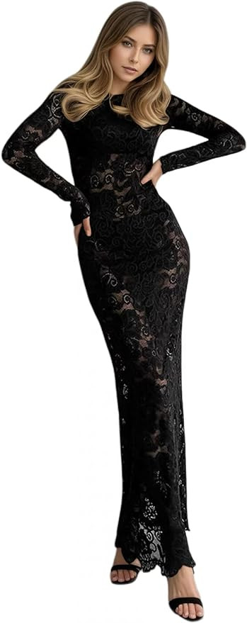 RONICY Long Sleeve Lace Dress See Through Dress Aesthetic Outfit for Women Elegant Bodycon Cockta... | Amazon (US)