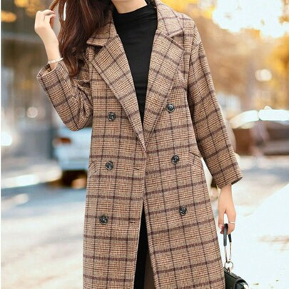 Women's Notch Lapel Double Breasted Wool Blend Mid Long Pea Trench Coat | SHEIN