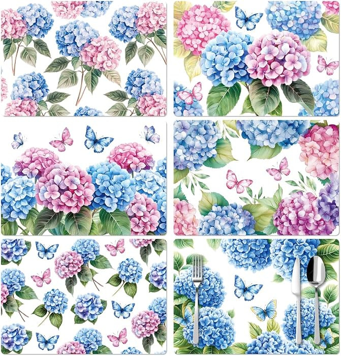 Peacoblue Hydrangea and Butterflies Floral Placemats Set of 6,12"x17" Waterproof Washable Table P... | Amazon (US)