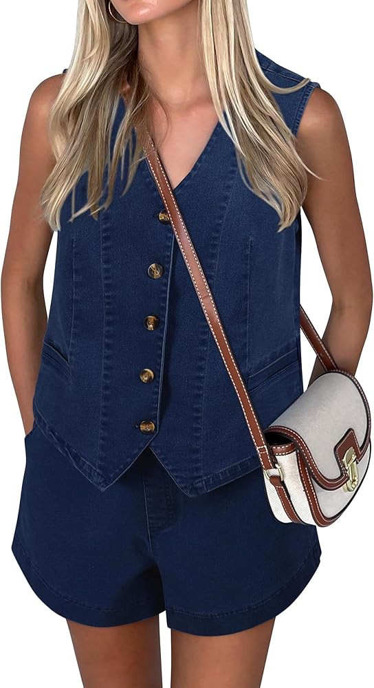 Denim 2 Piece Sets for Women Denim Outfit Matching Sets Jeans Shorts Sets Sleeveless Vest Two Pie... | Amazon (US)