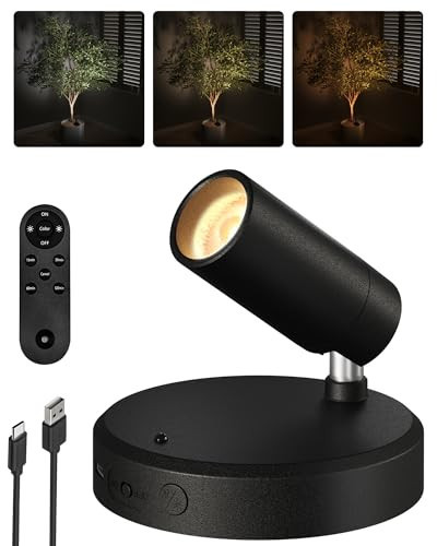 EZVALO Wireless LED Spotlights Indoor, 5500mAh Rechargeable Battery-Powered Plant Spotlights, Dimmable & Timer, 3-CCT Small Up Lights with Remote, Accent Uplighting for Artwork, Trees (Black) | Amazon (US)