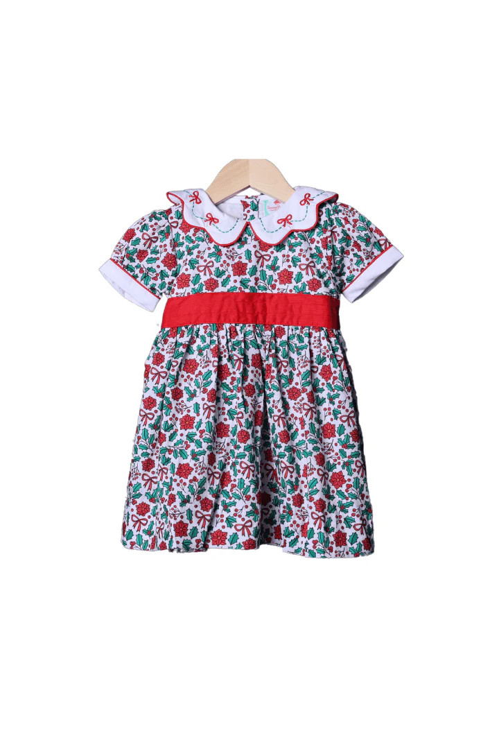 Embroidered Floral Holly Bow Dress | The Smocked Flamingo