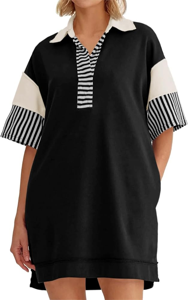 Wenrine Women's Polo V Neck T Shirt Dress Casual Summer Oversized Color Block Short Sleeve Sweats... | Amazon (US)