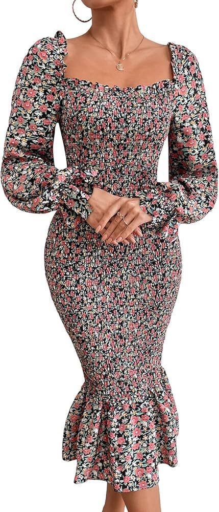 PRETTYGARDEN Women's Long Puff Sleeve Floral Midi Bodycon Dresses Square Neck Ruffle Mermaid Smoc... | Amazon (US)