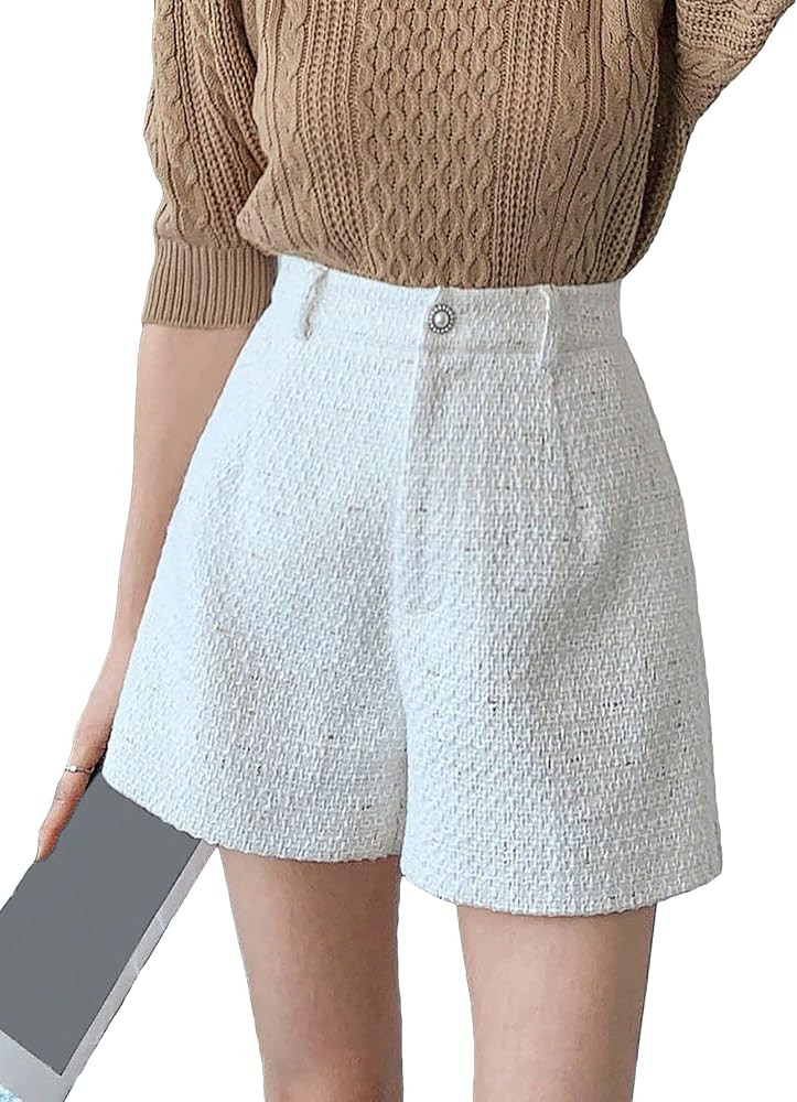 SweatyRocks Women's Elegant High Waist Wide Leg Loose Shorts Zip Up Knit Plaid Tweed Short Pant | Amazon (US)