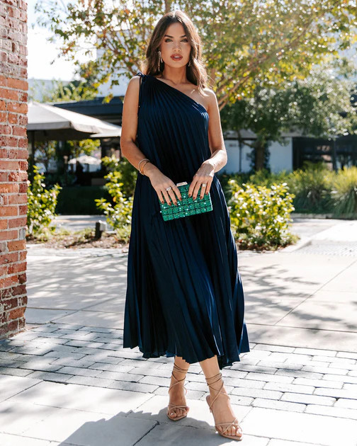 Melina Satin One Shoulder Pleated Midi Dress - Navy | VICI