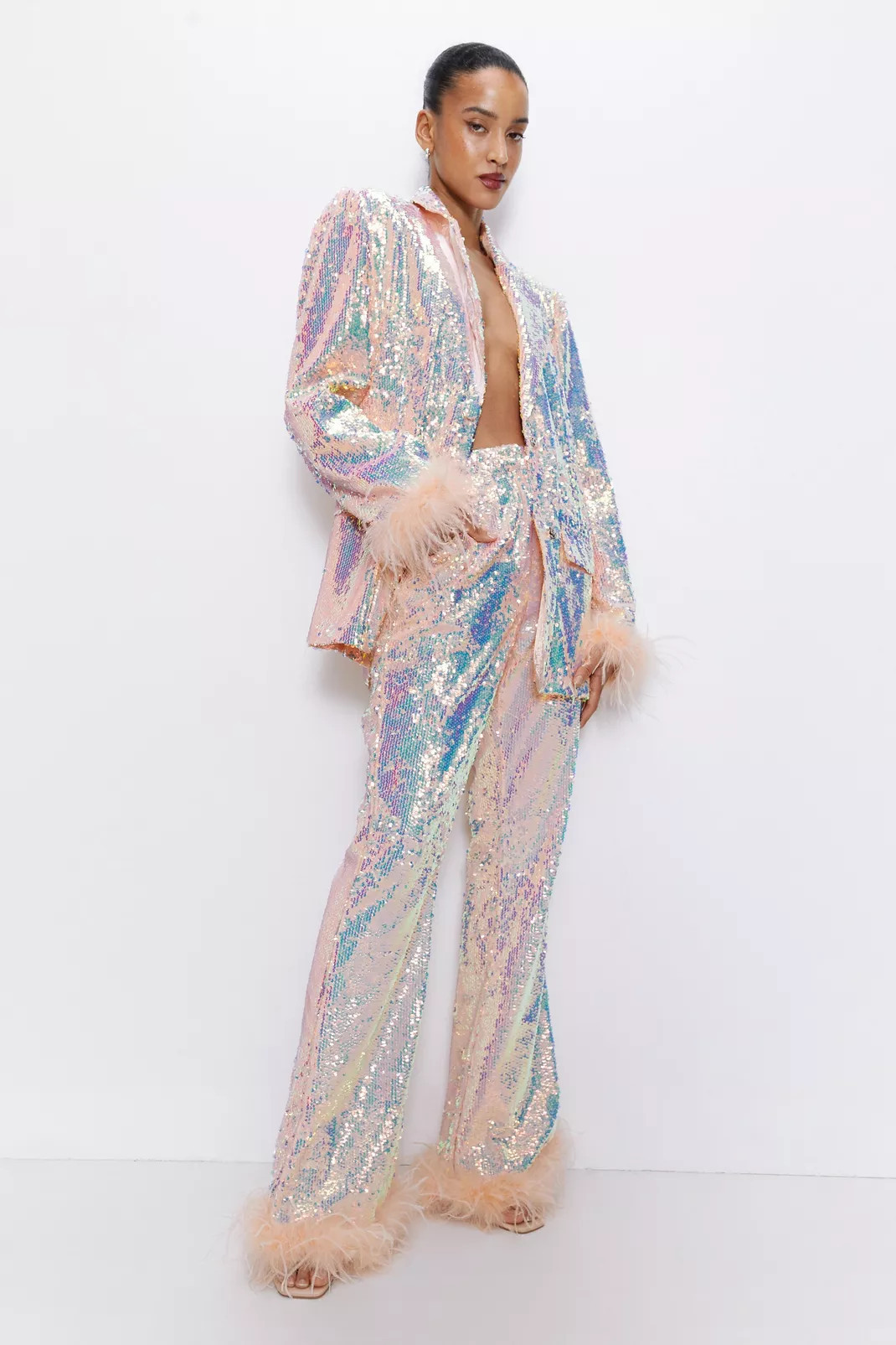 Premium Sequin Feather Trim Flare Pants | Nasty Gal (US)