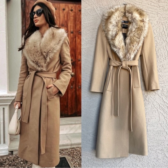 ZARA BLOGGER FAVE Manteco Camel Wool Belted Wrap Coat Detachable Faux Fur Collar | Poshmark