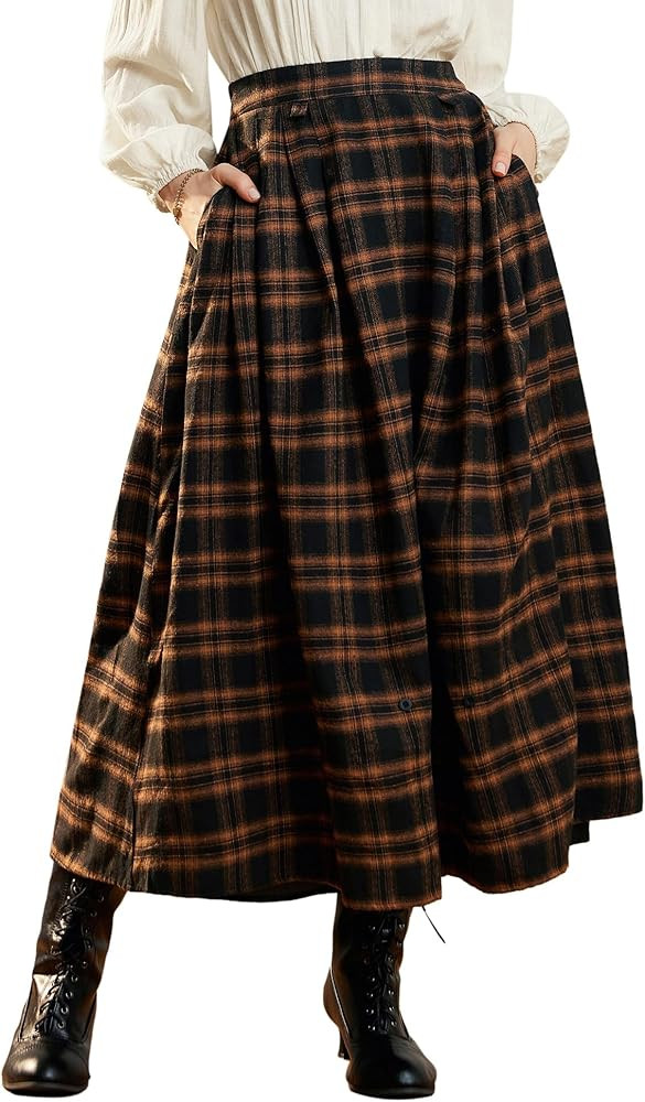 Scarlet Darkness Plaid Skirts for Women High Waist Long Skirt with Pockets | Amazon (US)
