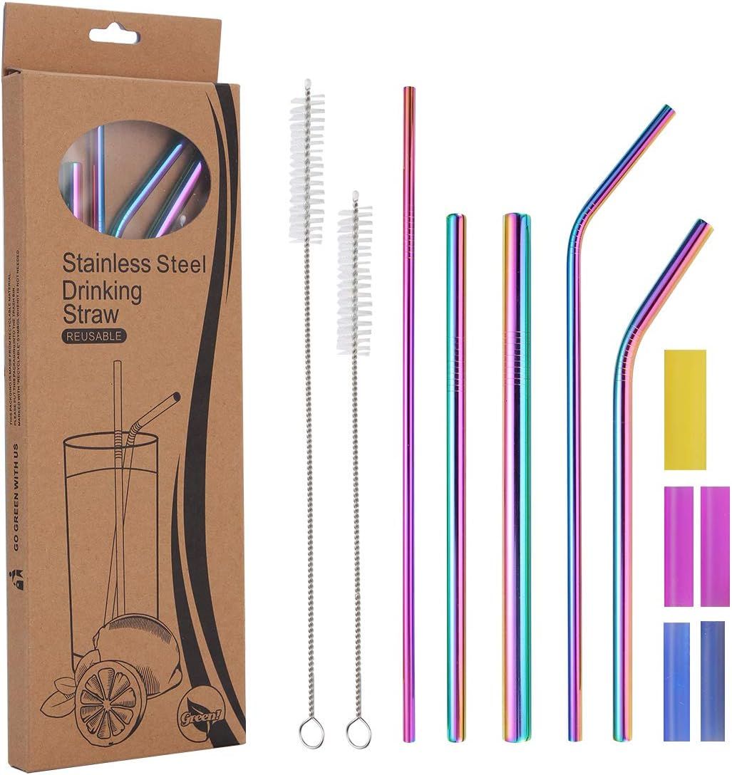 Metal Straws Reusable Stainless Steel Straws with Silicone Tip, 7 pack Full Variety Wide Diameter... | Amazon (US)