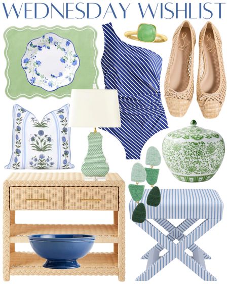 Spring break home decor classic home Grandmillennial blue and white stripes woven nightstand scalloped Aerin placemats woven ballet flats asymmetrical striped swimsuit green chinoiserie ginger jar gold and green jewelry Pottery Barn Jcrew Williams Sonoma interior design 

#LTKhome #LTKstyletip