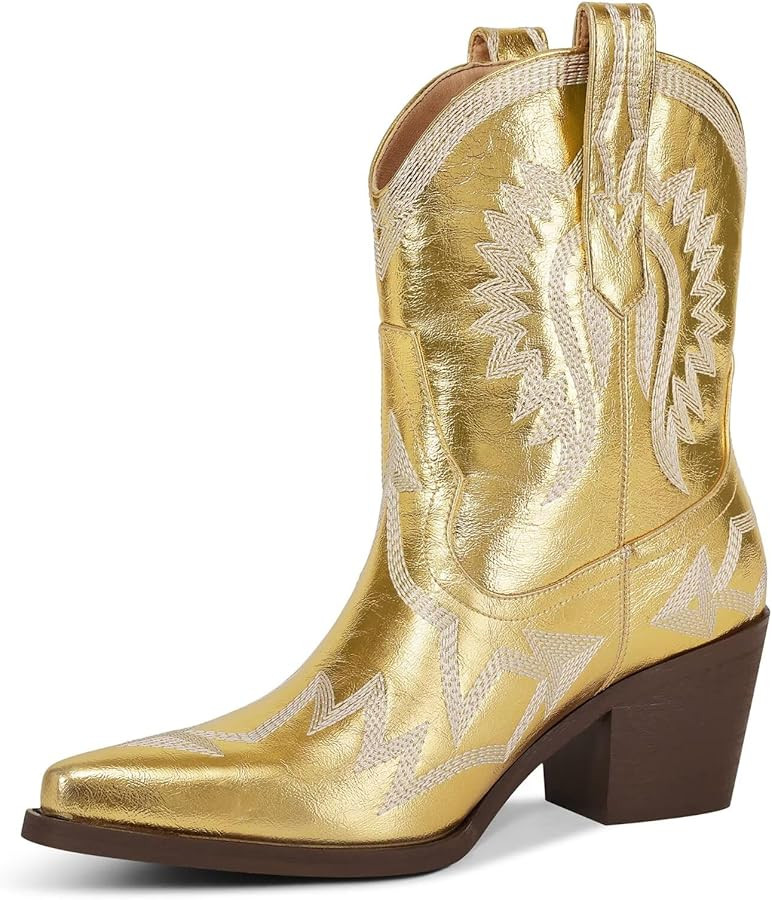 Western Boots for Women Metallic Embroidered Pointed Toe Cowgirl Boots Chunky Heel Pull-On Short ... | Amazon (US)