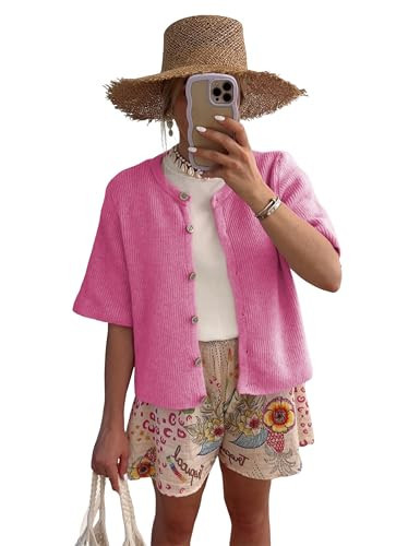 SCUSTY Women's Lightweight Cardigan Short Sleeve Button-Down Summer Cardigan Sweater(HotPink-XS) | Amazon (US)