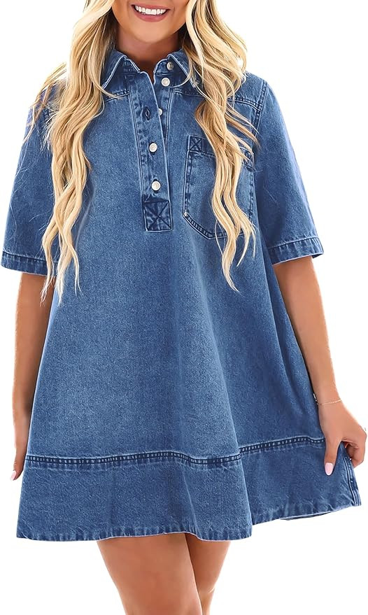 Denim Dress for Women Collared Casual Jean Dresses Short Sleeve Mini Denim Shirt Dress with Pocke... | Amazon (US)