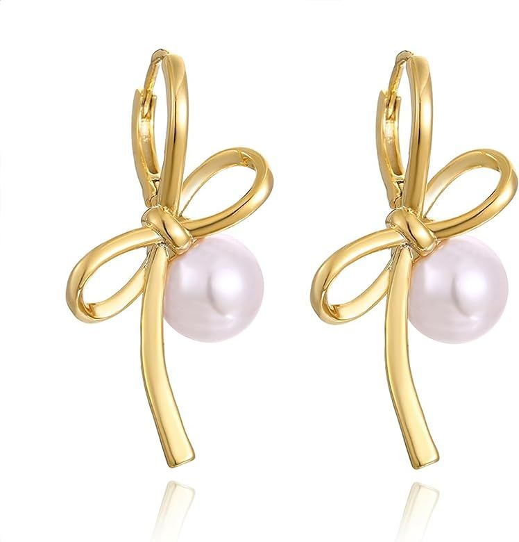 Gold Bow Dangle Earrings for Women Bow Pearl Earrings Bowknot Dangle Drop Earring Cute Ribbon Bow... | Amazon (US)