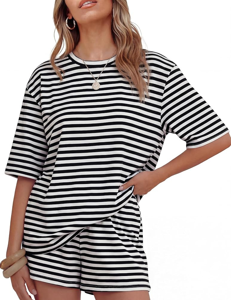 ZESICA Womens Summer 2 Piece Short Sets Striped Oversized Matching Lounge Airport Travel Workout ... | Amazon (US)