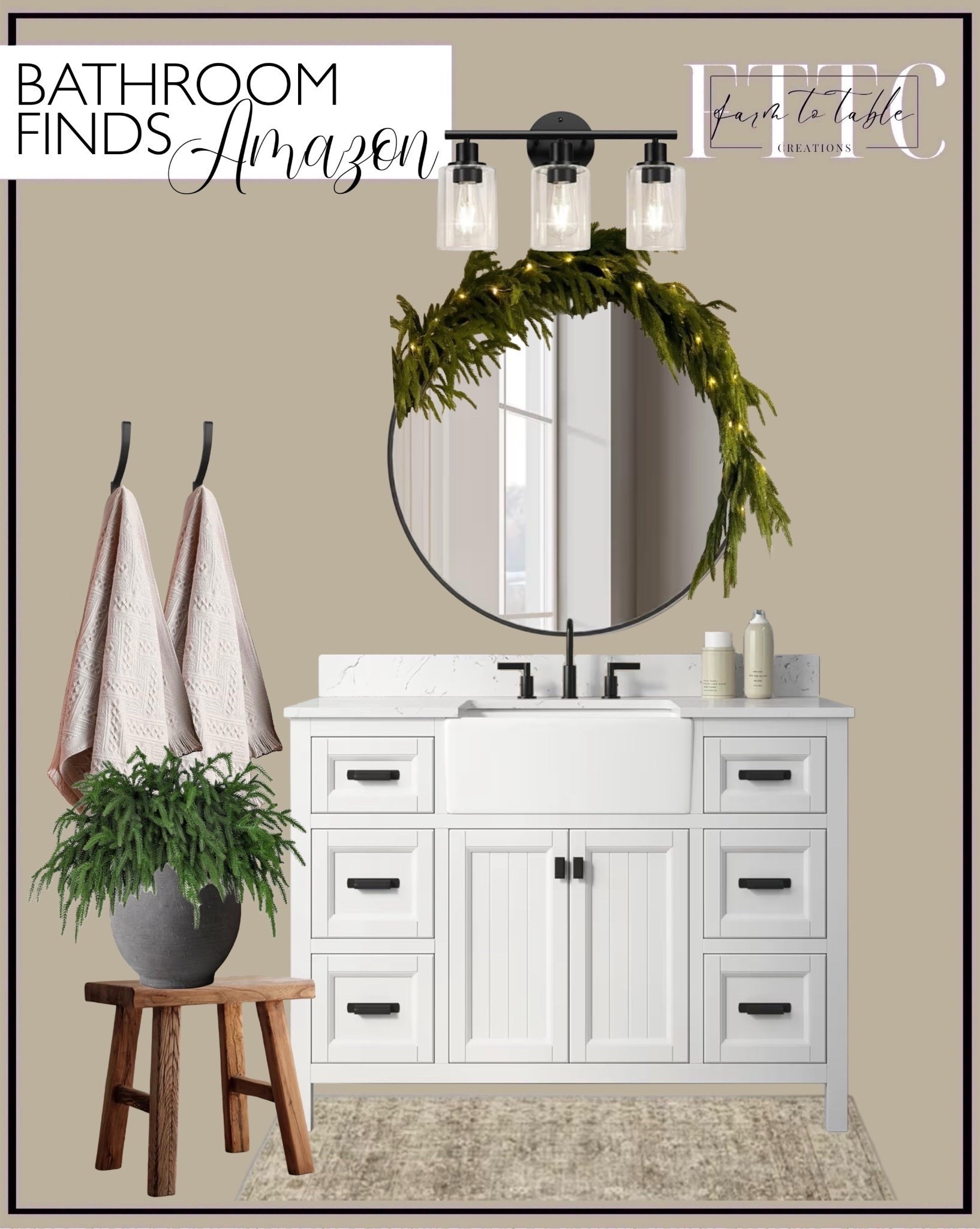 Amazon Bathroom Finds

Follow @farmtotablecreations on Instagram for more cozy, curated spaces.

Fresh whites, layered neutrals, and natural wood textures make this bathroom feel both timeless and inviting. I pulled everything from Amazon—from the beadboard vanity and matte black lighting to the soft blush towels and lush greenery. The mini stool is perfect for adding a bit of warmth and texture, while the simple garland over the mirror gives it a soft, seasonal touch.

#bathroomdecor #bathroomfinds #amazonhome #bathroomvanity #bathroomlighting #bathroommirror #bathroomdesign #neutralbathroom #homedecor #amazonfinds

#LTKSaleAlert #LTKHoliday #LTKHome