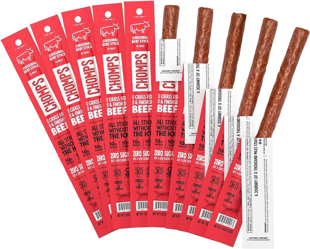 Chomps Grass-Fed and Finished Original Beef Jerky Snack Sticks 10-Pack - Keto, Paleo, Whole30, 10... | Amazon (US)