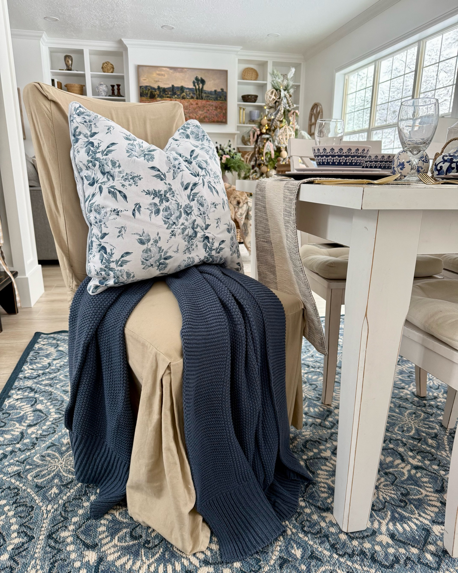 Enjoy a cozy dining experience with blue accents. #kitchen #home #homedecor #cottage #dining #chairs #pillows #throw #farmhouse 

#LTKSeasonal #LTKMostLoved #LTKHome