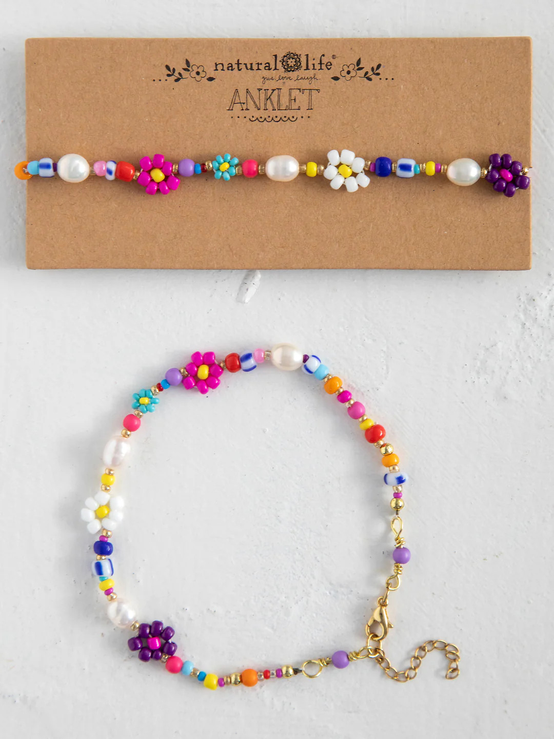 Boho Beaded Daisy & Pearl Anklet | Natural Life