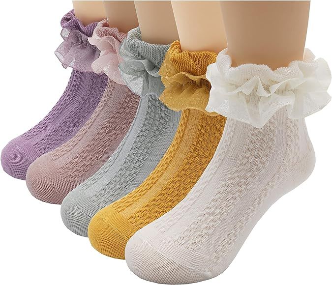 Girls Ruffle Lace Trim Cotton Socks Baby Girl Eyelet Frilly Dress Socks(1-9T) | Amazon (US)