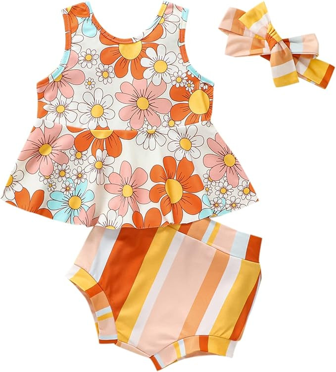 AEEMCEM Infant Toddler Baby Girl Summer Clothes Boho Floral Rainbow One Shoulder Crop Top Shorts ... | Amazon (US)