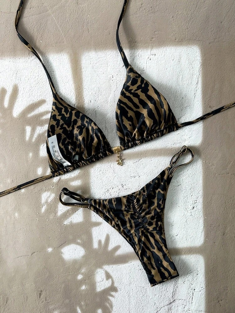 Elavelle Springbreak Women Beach Outfit, Random Print Spaghetti Strap Metal Decor Sexy Bikini Set... | SHEIN