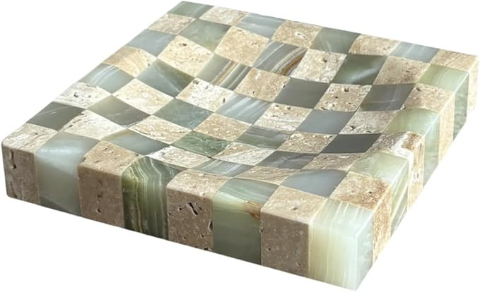 Marble Stone Green Onyx with Travertine Checkerboard Square Small Splicing Mosaic Tray Jewelry Di... | Amazon (US)