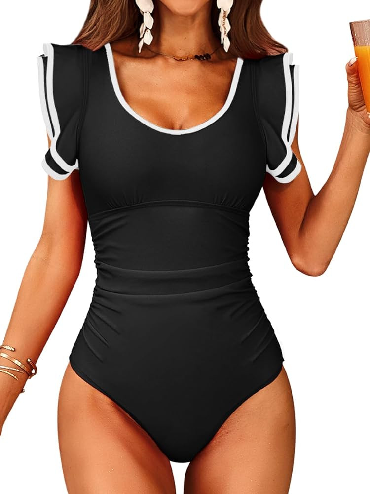 SOCIALA One Piece Swimsuit Ruffle Sleeves Sexy U Neck Ruched Tummy Control Bathing Suits Color Bl... | Amazon (US)