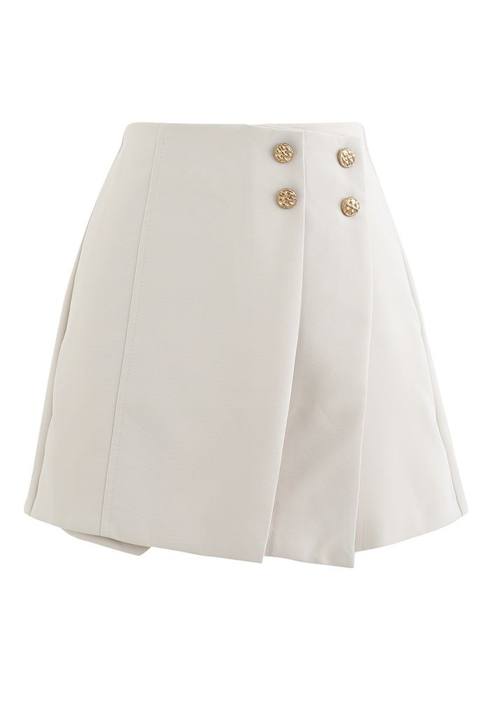 Flap Front Golden Button Trim Skorts in Ivory | Chicwish