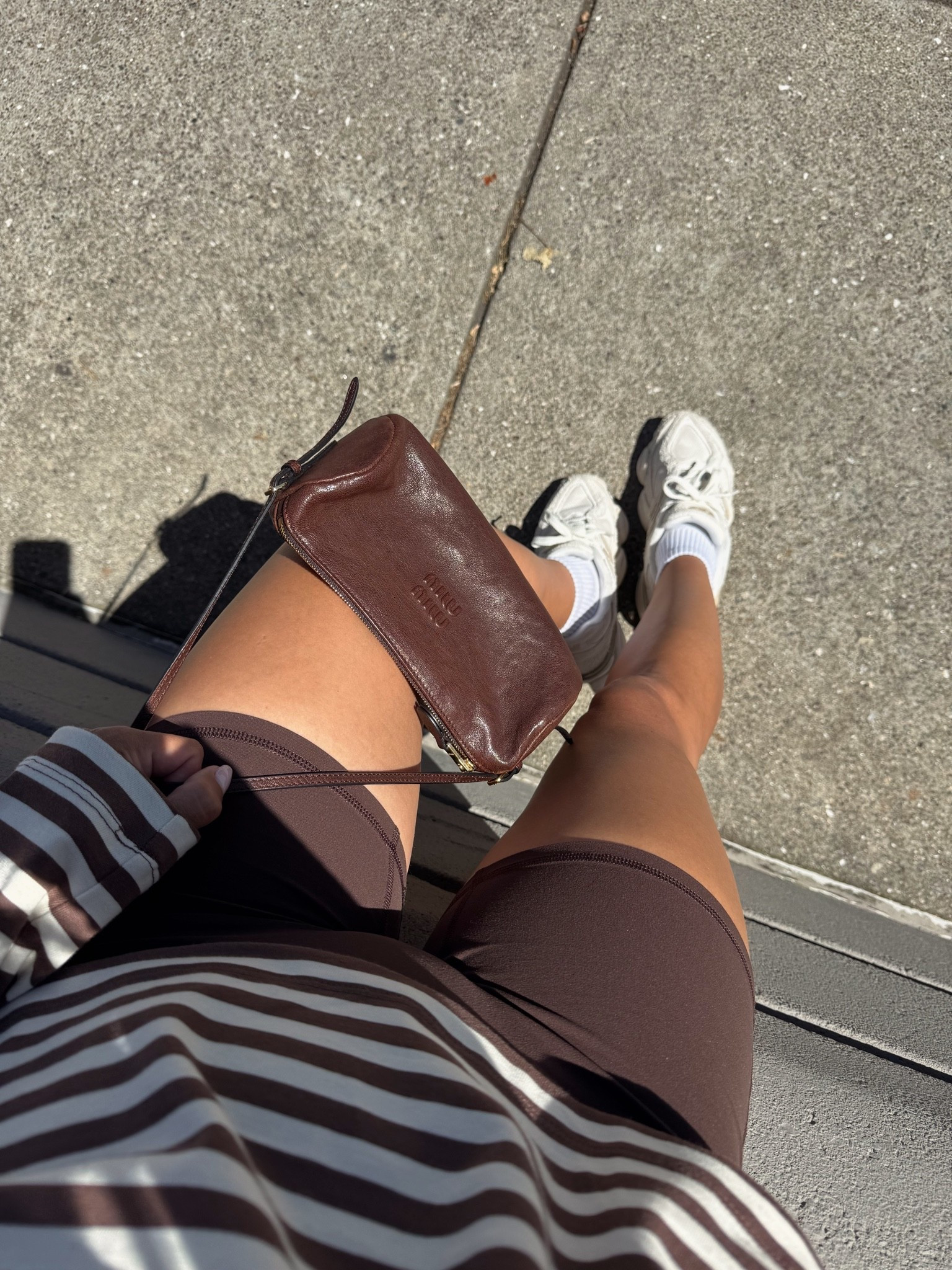 Miu miu brown pouch bag
New balance 9060 sneakers
@abercrombie brown bike shorts- small
Gap brown stripe long sleeve tshirt- small

Petite, early fall outfit, fall outfits, casual outfits

#LTKootd #LTKPetite #LTKSeasonal