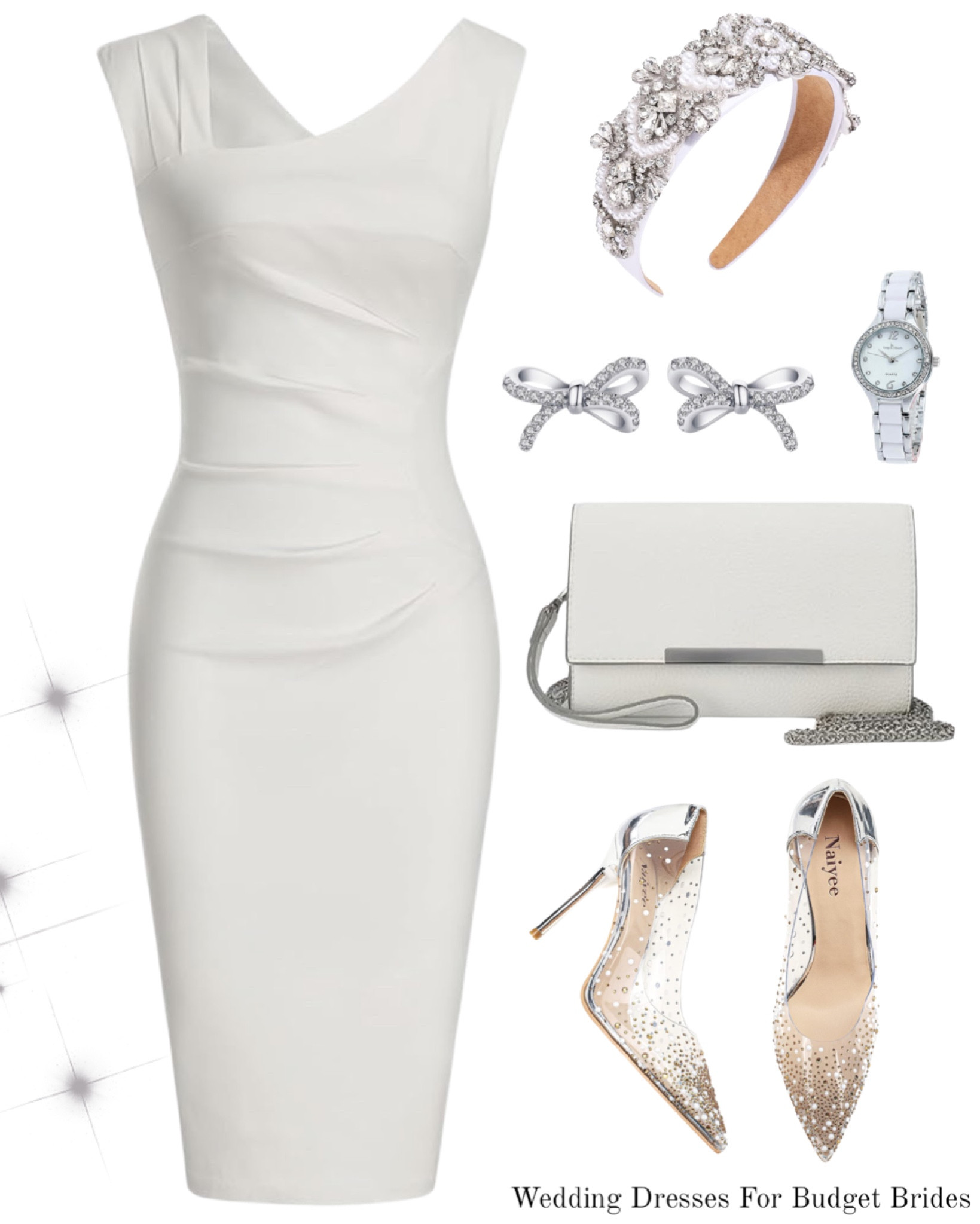 Affordable white midi dress, silver pumps, and white purse for the bride to be.

Bachelorette dresses. Engagement party dresses. Engagement photo shoot dresses. Bridal shower dresses. Honeymoon dresses. White dresses. Rehearsal dinner dresses. Bachelorette party dresses. Reception dresses. After party dresses. Cocktail dresses. Bride to be dress. Bridal shower dress. Fall wedding. Winter wedding. Rehearsal dinner dress. Wedding. Bridal. Bachelorette dress. Engagement photo shoot dresses. City Hall wedding.

#LTKwedding #LTKSeasonal #LTKstyletip