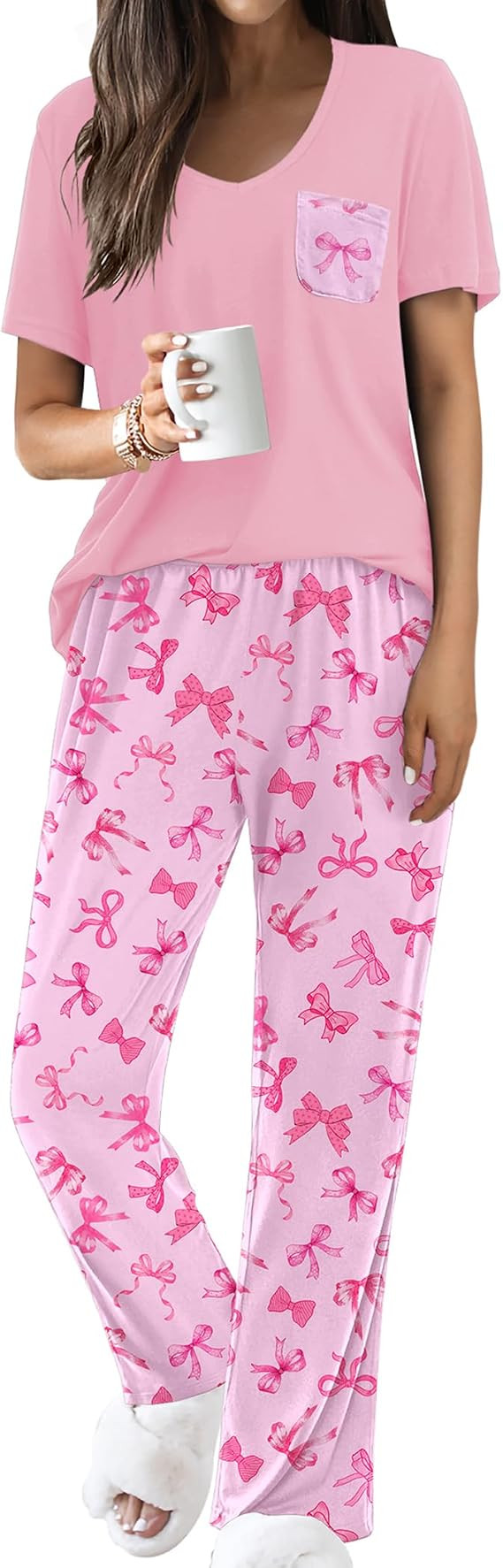 Ekouaer Pajama Sets for Women Short Sleeve Pj Set V Neck Sleepwear Chest Pocket with Long Pants C... | Amazon (US)