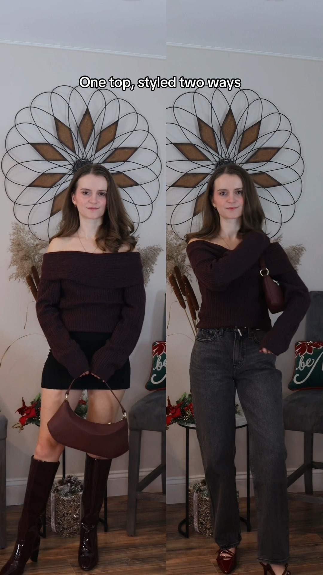 One burgundy off-the-shoulder top, two chic looks 🍷✨

1️⃣ Pair it with gray straight-leg jeans, burgundy slingback heels, a belt, and a shoulder bag for a polished outfit perfect for brunch, casual meetings, or date nights.
2️⃣ Style it with a black mini skirt, knee-high boots, and a shoulder bag for a bold and trendy holiday or night-out look.

Which look is your favorite?

.
.
.
.
.
.
Jeans outfit | jeans and sweater | jeans and heels | fall jeans outfit | straight leg jeans | gray jeans | knit sweater | skirt outfits | skirt and sweater | skirt and boots | black skirt outfit | mini skirt outfit | boots for fall | boots outfit | burgundy boots outfit | burgundy heels | closed toe heels | burgundy kitten heels | sling back heels | outfit inspo | outfit ideas 

#LTKCyberWeek


#LTKSeasonal #LTKHoliday #LTKU #LTKSaleAlert #LTKGiftGuide #LTKWorkwear #LTKTravel #LTKShoeCrush #LTKItBag #LTKFindsUnder50 #LTKStyleTip #LTKFindsUnder100