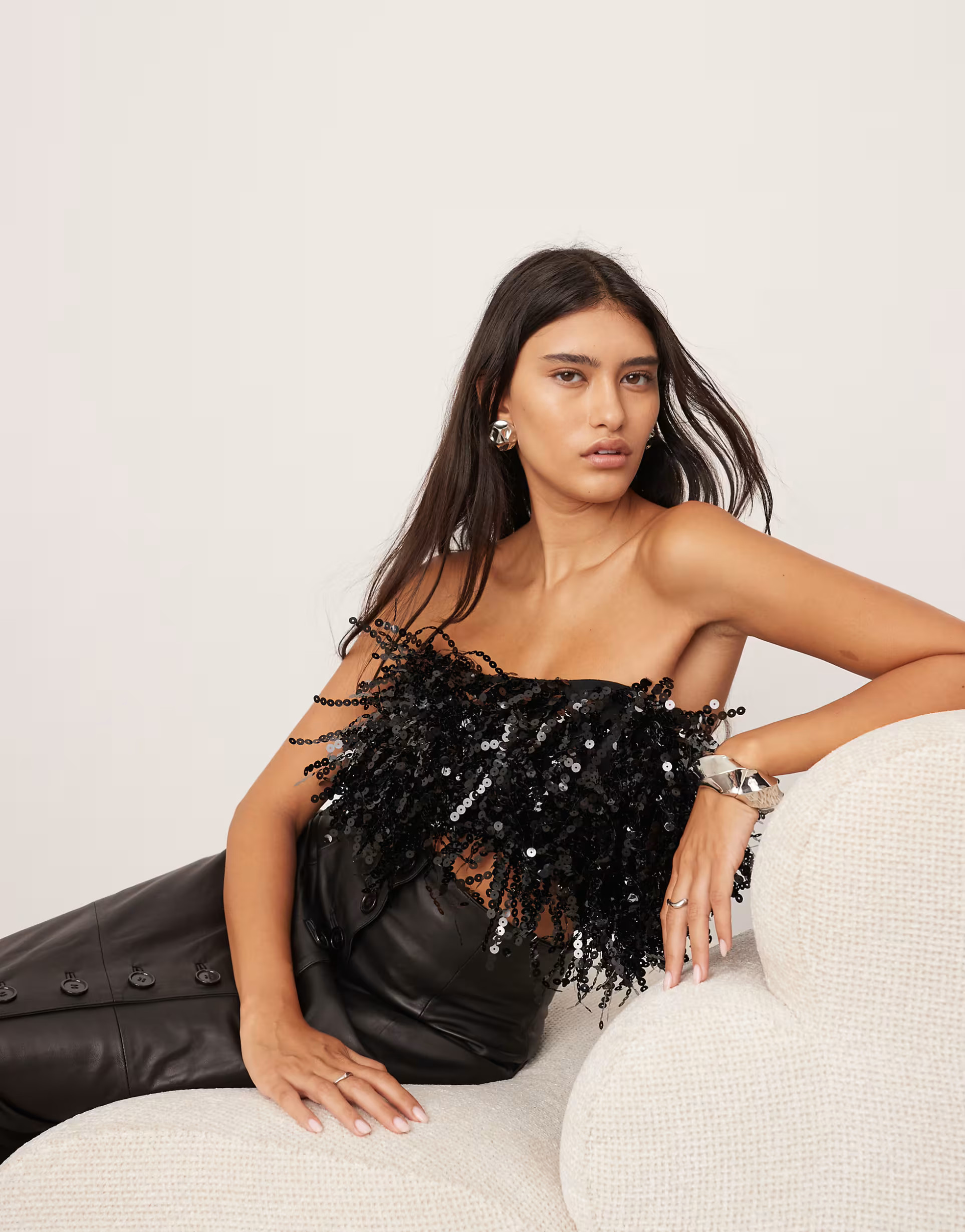 ASOS EDITION sequin fringe bandeau top in black | ASOS (Global)