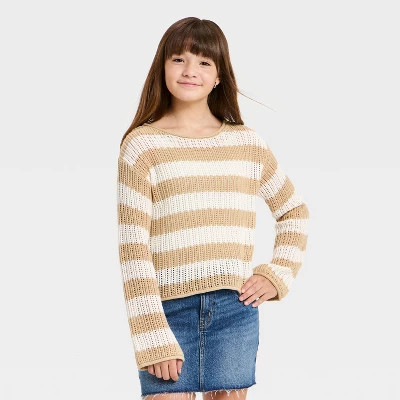 Girls' Striped Open Knit Sweater - art class™ Off-White M | Target