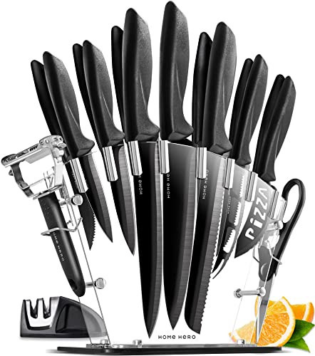 Home Hero Ultra-Sharp Stainless Steel Kitchen Knife Set - Chef Knives Set (17 pcs Set - Black with Knife Block) | Amazon (UK)