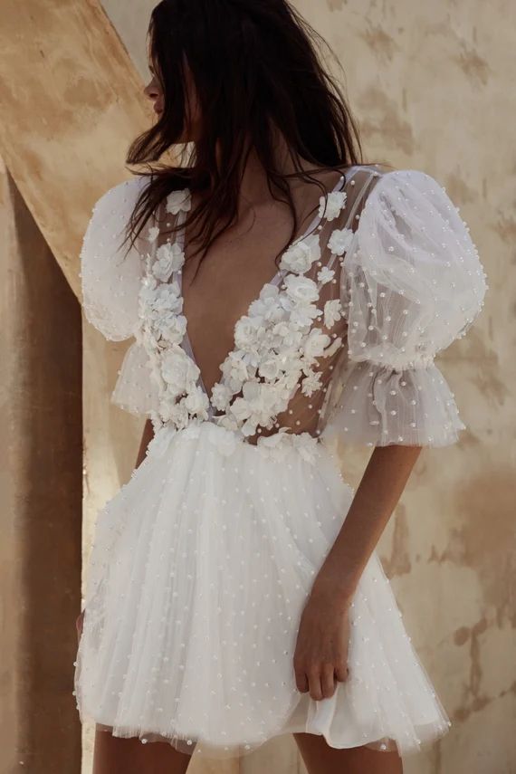 Custom 3D Flowers Short Wedding Dress Pearl Embellished Puff - Etsy | Etsy (US)