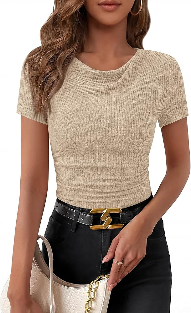 PRETTYGARDEN Womens Summer Tops 2026 Cute Cowl Neck Short Sleeve T-Shirts Ribbed Knit Fitted Spri... | Amazon (US)