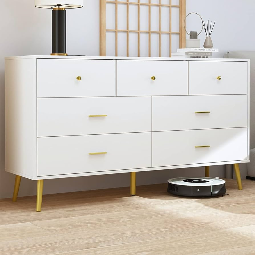 FUFU&GAGA White Chest of Drawers 7 Drawer Chest Dresser Wood Dresser with Gold Legs, for Bedroom ... | Amazon (US)