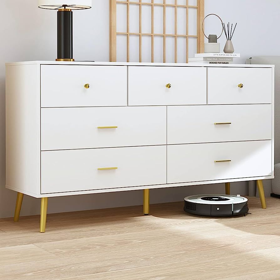 FUFU&GAGA White Chest of Drawers 7 Drawer Chest Dresser Wood Dresser with Gold Legs, for Bedroom ... | Amazon (US)