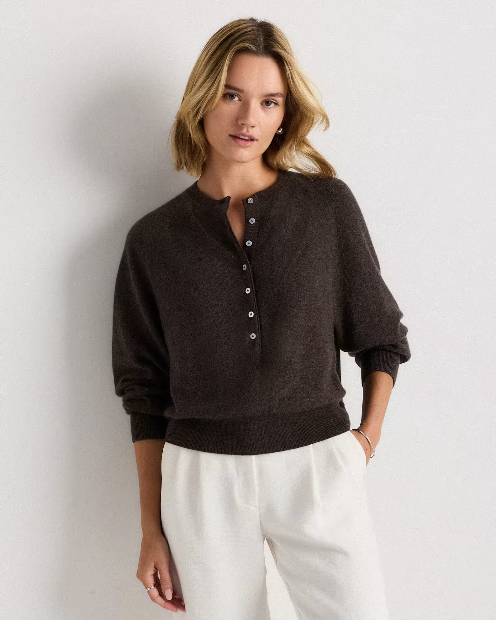 Mongolian Cashmere Dolman Sleeve Henley Sweater in Heather Truffle Brown | Quince