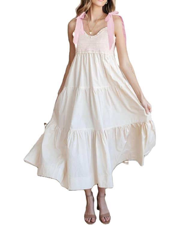 Women Summer Boho Tie Shoulder Dress Y2k Floral Smocked Flowy Long Dress Ruffle Tiered Beach Voca... | Amazon (US)
