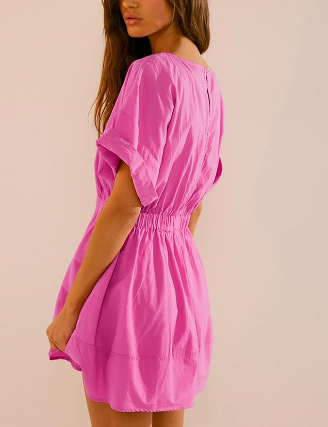 HangNiFang 2025 Womens Mini Summer Dresses Flowy Open Back Elastic Waist Sundress with Pockets | Amazon (US)