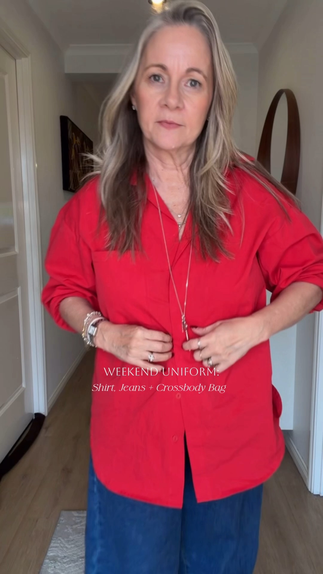 Weekend Uniform - no fuss, super easy - jeans, shirt + crossbody bag. And how beautiful is the red shirt - the colour just makes you happy. Are you a red fan?

Off to the Dayboro Show, it was such a beautiful winters day and it was lovely to walk around country show. Hubby was determined to have a Dagwood Dog - they are a show food staple. 

Shirt is very oversized - I went down to a sz 4 and usually a sz 10. Depends on what fit you are after 
Gigi Jeans & yes I did cut these to get the right length

#LTKaustralia #LTKjeans #LTKover50style