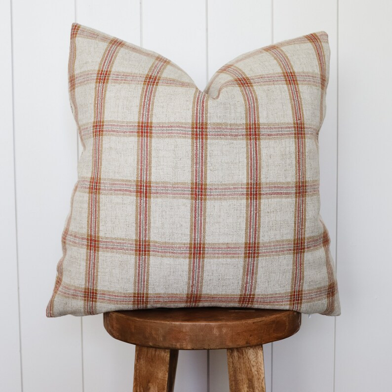 Fall Woven Linen Check Pillow Cover | Basketweave Oatmeal Rust Plaid | Fall Farmhouse Autumn Home... | Etsy (US)