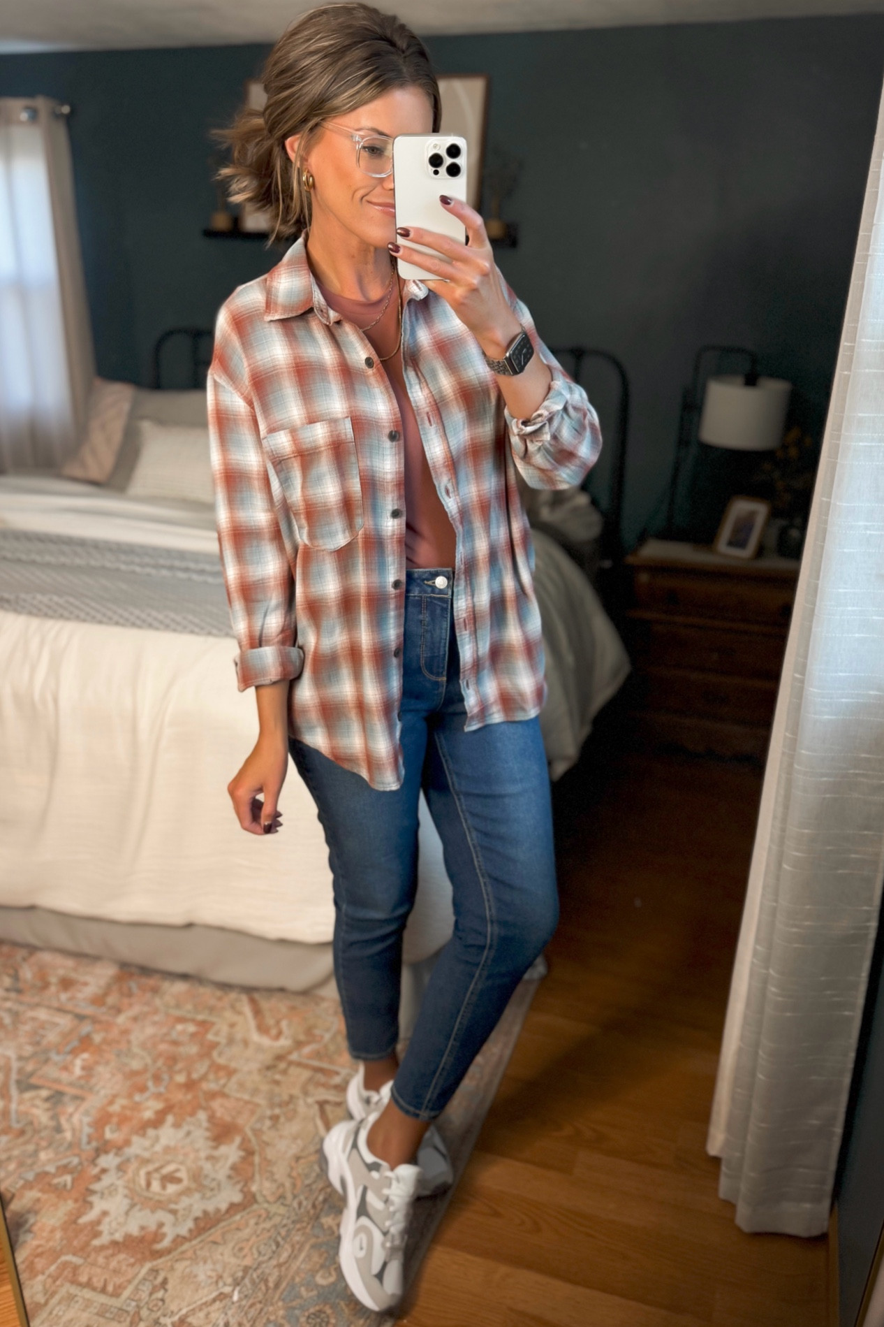 Casual Fall outfit idea. 
Button down/ small 
Tee/ small 
Jeans / 8
Sneakers size down if between 

#LTKStyleTip #LTKShoeCrush #LTKSeasonal